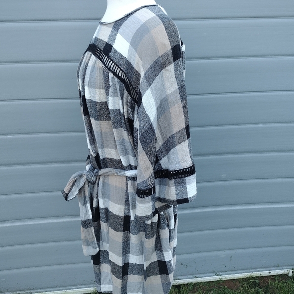 Anthropologie Maeve Plaid Kimono Belted Tunic Dress Black Tan White XS New - Picture 2 of 8